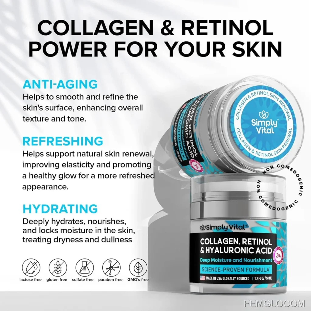 Anti-Aging Face Moisturizer with Retinol, Collagen & Hyaluronic Acid - Made in USA - Moisturizer Face Cream for Women & Men - Firming & Hydrating Neck Cream - Day & Night Skin Care - 1.7 fl oz